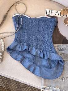 Everyssa Top bandeau elegante para mujer con bajo asimétrico con volantes - Azul 2 - Ver 2