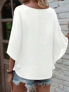 Camisa de manga de murciélago de unicolor casual, verano - Blanco - Ver 2