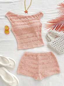 Conjunto de 2 piezas para vacaciones primavera/verano de mujer: Top corto asimétrico de hombro de punto a rayas rojas y blancas y shorts ajustados de tiro súper bajo, adecuado para fiesta, Navidad, San Valentín, cita, playa, crucero, carnaval, Pasc - Rosa Pálido - Ver 1