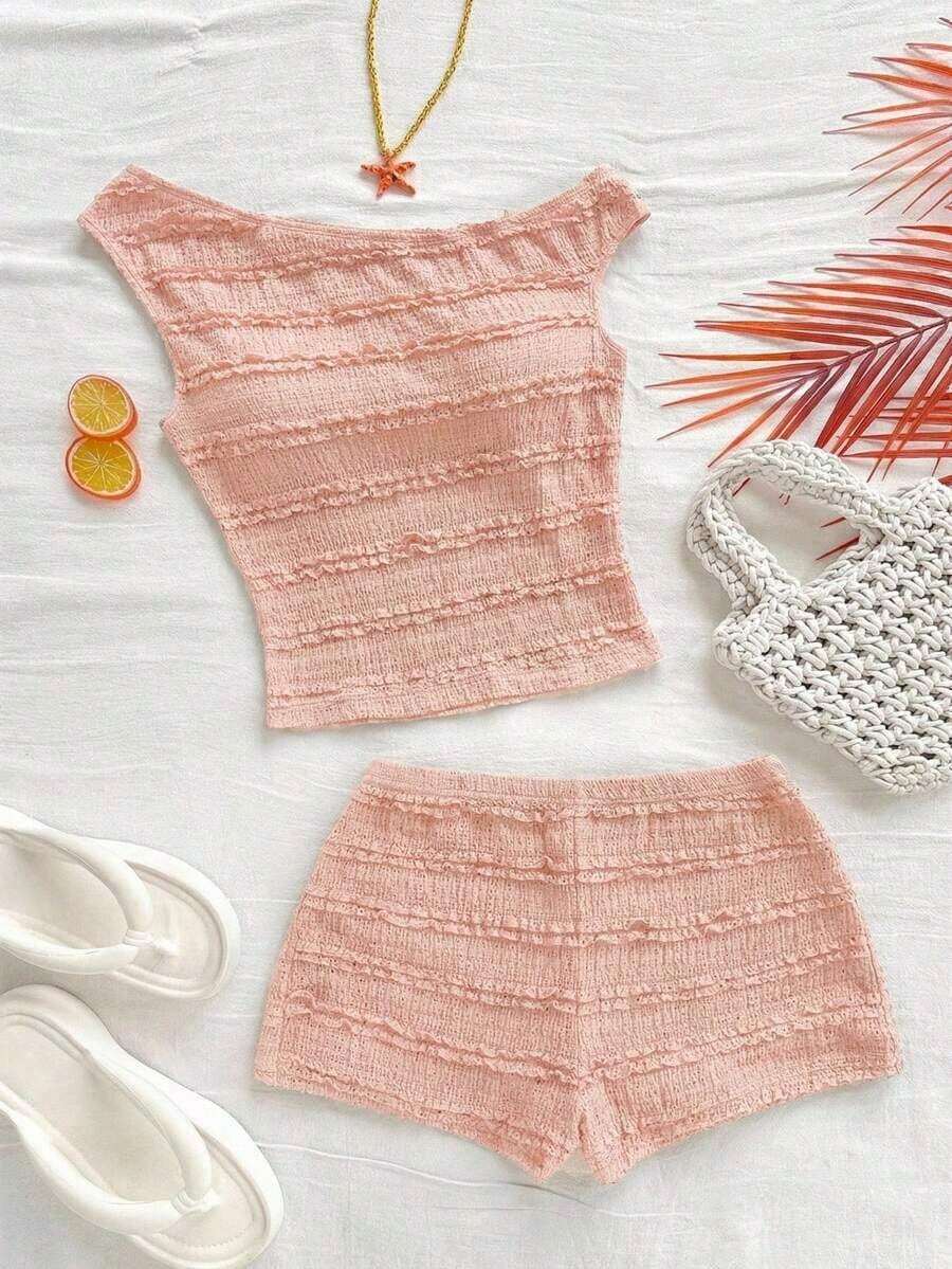 Conjunto de 2 piezas para vacaciones primavera/verano de mujer: Top corto asimétrico de hombro de punto a rayas rojas y blancas y shorts ajustados de tiro súper bajo, adecuado para fiesta, Navidad, San Valentín, cita, playa, crucero, carnaval, Pasc - Rosa Pálido - Ver 1
