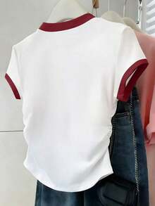 Camiseta casual de mujer para deportes al aire libre, nueva llegada de verano, adecuada para citas, vuelta al colegio, con estampado de rayas y flores, corte regular - Multicolor - Ver 2