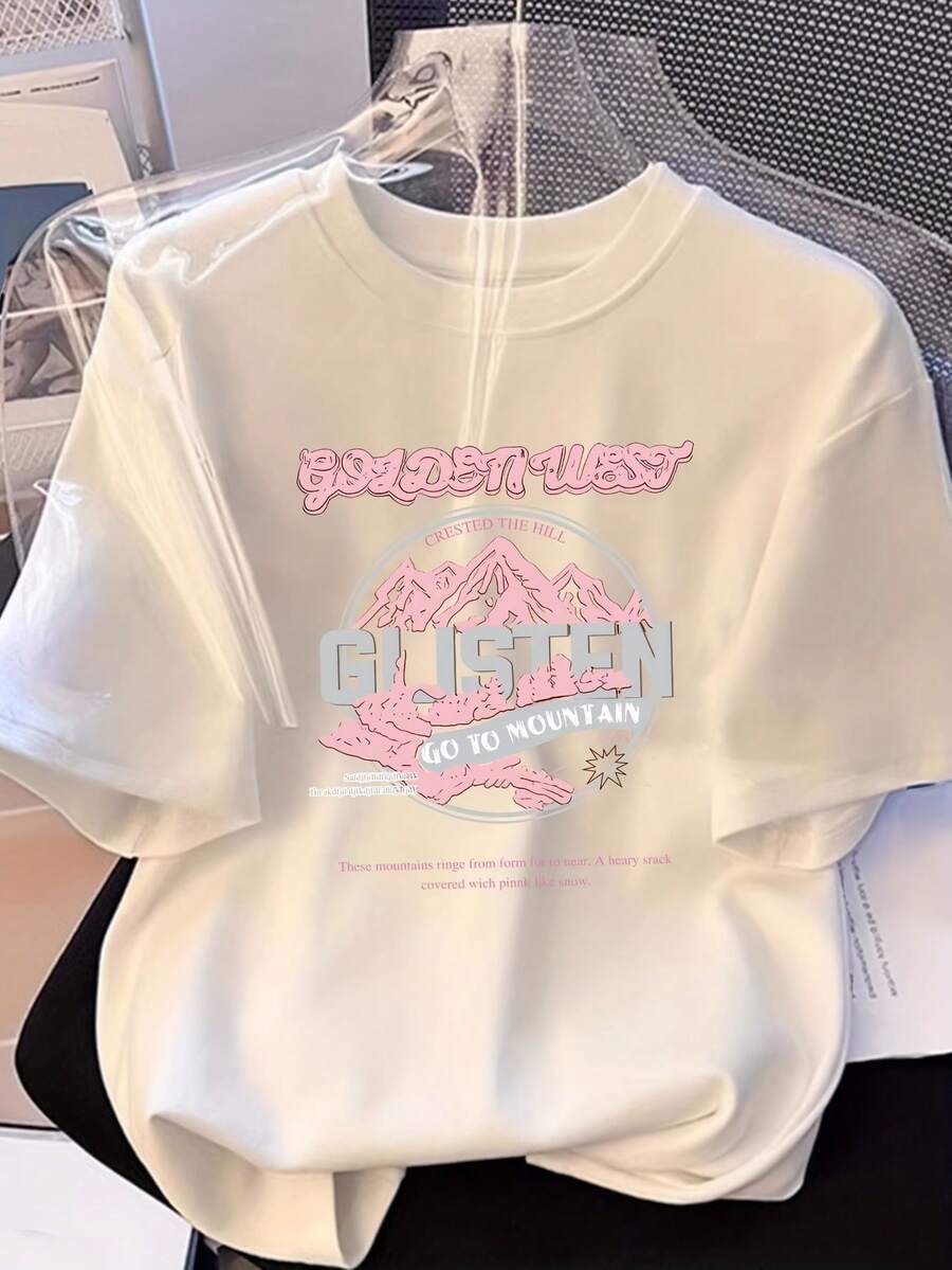 Edición Limitada, Nueva Colección de Verano para Mujer 2026, Camiseta Rosa de Manga Corta con Estampados Artísticos de Letras Inglesas para un Look Casual, Algodón Ligero - Blanco - Ver 1