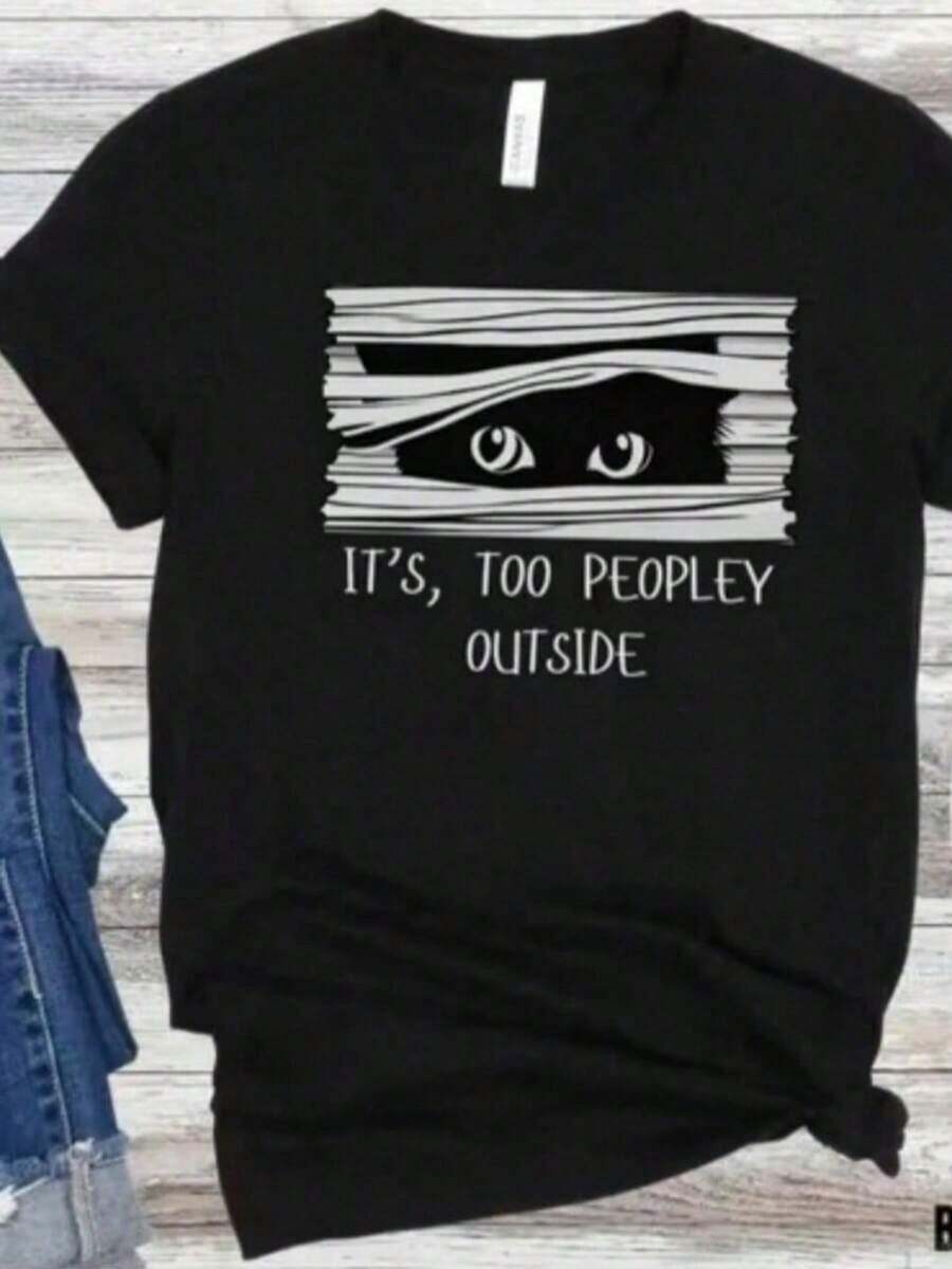 Women's 100% Cotton Short-Sleeved T-Shirt, Casual, Printed With The Slogan "Cat's Eyes Peeking Out Because There Are Too Many People Outside", Fashionable Sports T-Shirt Suitable For Daily Casual Outings And Holidays. - 黑色 - 查看 1