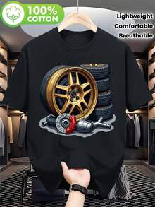 Graphic Tee With A Gold Alloy Wheel And Car Mechanic Design - A Lightweight And Breathable Summer Tee Perfect For Car Lovers, Mechanics, And Enthusiasts. This Comfortable Casual Crew Neck Tee Features Tire And Wheel Patterns. - 黑色 - 查看 7