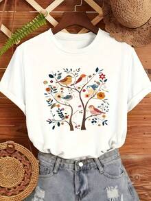 Camiseta blanca de manga corta estilo bohemio Y2K |   Top de verano de cuello redondo con estampado de árboles, pájaros y flores de estilo bohemio, adecuado para uso casual en la playa y festivales de música, camiseta de corte en H lavable a máquina, ideal para combinar con shorts de mezclilla y ropa de estilo bohemio (no elástica). - Blanco - Ver 6