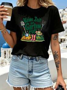 T-Shirt With "Mexican No Time, The Garden Is Calling" Letter Print, Short Sleeve, Round Neck, Casual Style For Summer And Spring, Women's Clothing, Fashionable Summer Cotton T-Shirt - 黑色 - 查看 1