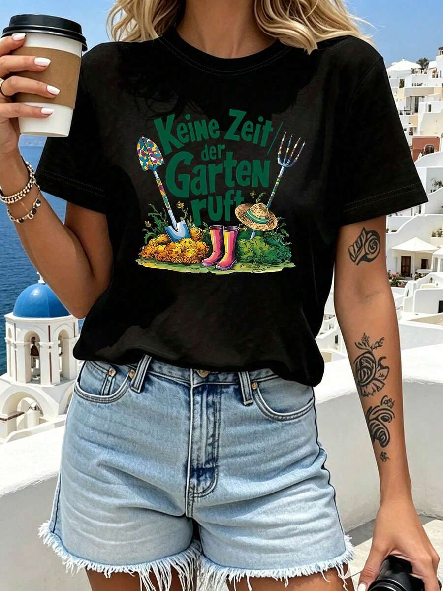 T-Shirt With "Mexican No Time, The Garden Is Calling" Letter Print, Short Sleeve, Round Neck, Casual Style For Summer And Spring, Women's Clothing, Fashionable Summer Cotton T-Shirt - 黑色 - 查看 1