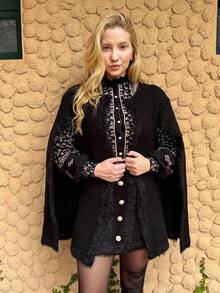 Luxury Premium Knit Set: Cape, Blazer, And Skirt - 黑色 - 查看 2