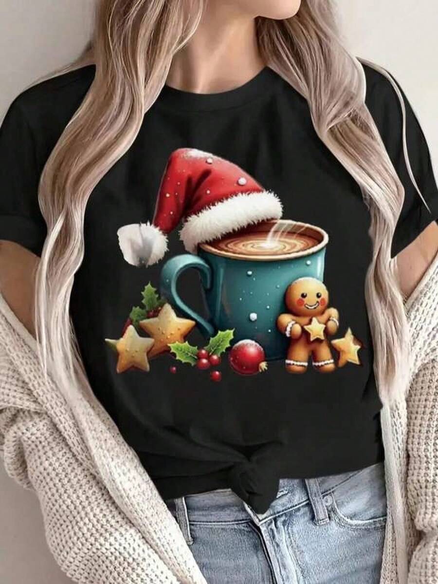 1pc Camisetas para mujer,Camisetas Para Hombre,cuello redondo,estilo urbano juvenil,estilo streetwear,diseño de moda callejera,ideal para uso informal diario - Negro - Ver 1