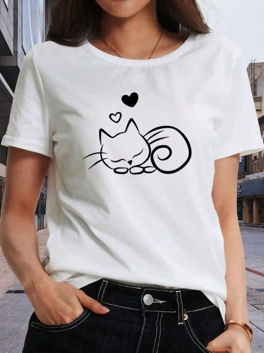 This Women's Summer T-Shirt Is A Casual Crew Neck Tee Suitable For Any Season, Featuring A Cute Cat Print. It's Machine Washable, Has A Great Fit, And Combines Style And Comfort, Making It Ideal For Everyday Wear. - 白色 - 查看 1