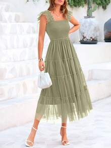 Women's Summer Mid-Length Dress Casual Sleeveless Pleats Ruffled Tulle Flowing New Year Party Wedding Guest Graduation Sundress - 淺綠 - 查看 3