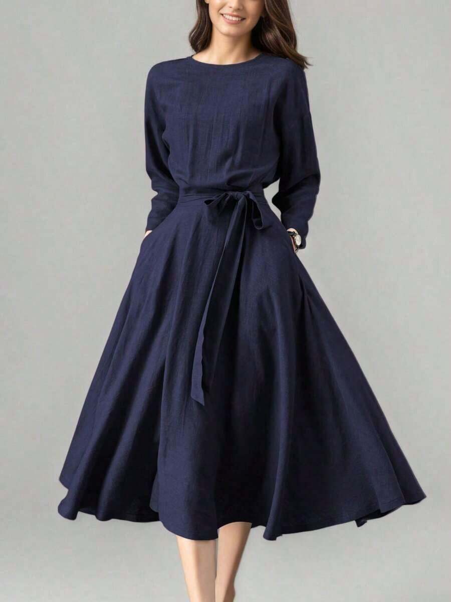Vestido casual largo de unicolor para mujer con bolsillos y cintura con lazo, adecuado para boda, primavera, elegante, negro - azul real - Ver 1