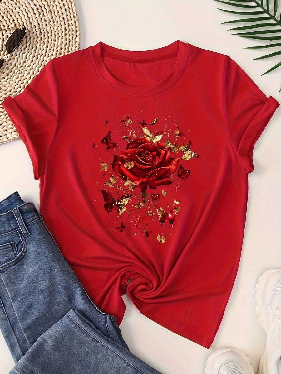 Short-Sleeved T-Shirt With Round Neck And "Rose Butterfly" Print, Casual Style, Regular Length, Suitable For All Seasons - Unisex Loose Cotton T-Shirt With Round Neck And Short Sleeves, Urban Vintage Style. - 紅色 - 查看 1