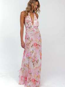 Vestido ajustado  con diseño de cuello halter y espalda abierta - Rojo - Ver 1