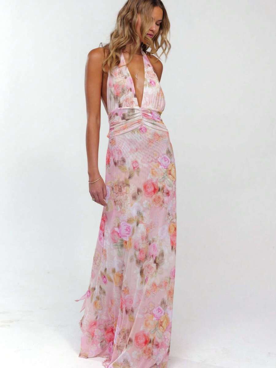Vestido ajustado con diseño de cuello halter y espalda abierta - Rojo - Ver 1