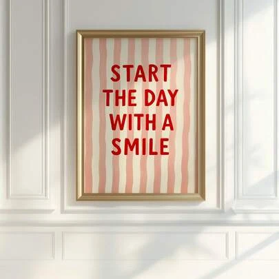 1pc Unframed Motivational Poster With Striped Pattern, Pink And Cream Background, Prominent Red "Start Your Day With A Smile" Slogan, Retro Inspirational Wall Decor, Suitable For Bedroom, Dorm, Living Room. Room Decoration, Fun Poster, Positive Affirmation, Wall Art, Dorm Essential, Delightful Gift