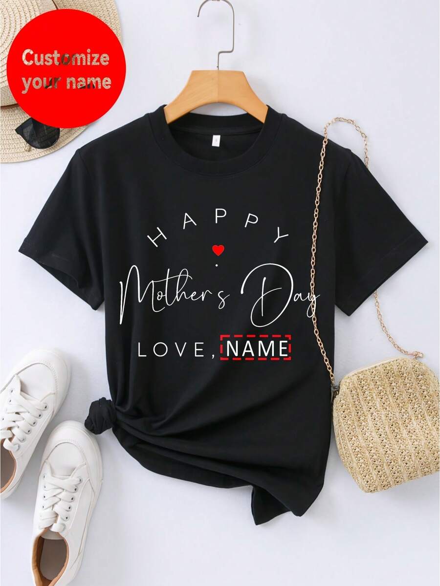 Personalized Women's T-Shirt For Mother's Day With Custom Names, Featuring Heart Designs And 'Happy Mother's Day' In English. A Basic Short-Sleeved T-Shirt With A Round Neck; Modern, Casual, Versatile, Soft, Breathable, And Comfortable. - 黑色 - 查看 1