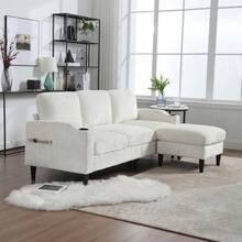 Elegant Sofa With Ottoman And Storage Space: 4 Seats With Comfortable Armrests, Cup Holders, Side Pockets And Sturdy Plastic Legs, Upholstered In Velvet For Added Comfort And A Soft Feel. - Beige - View 6