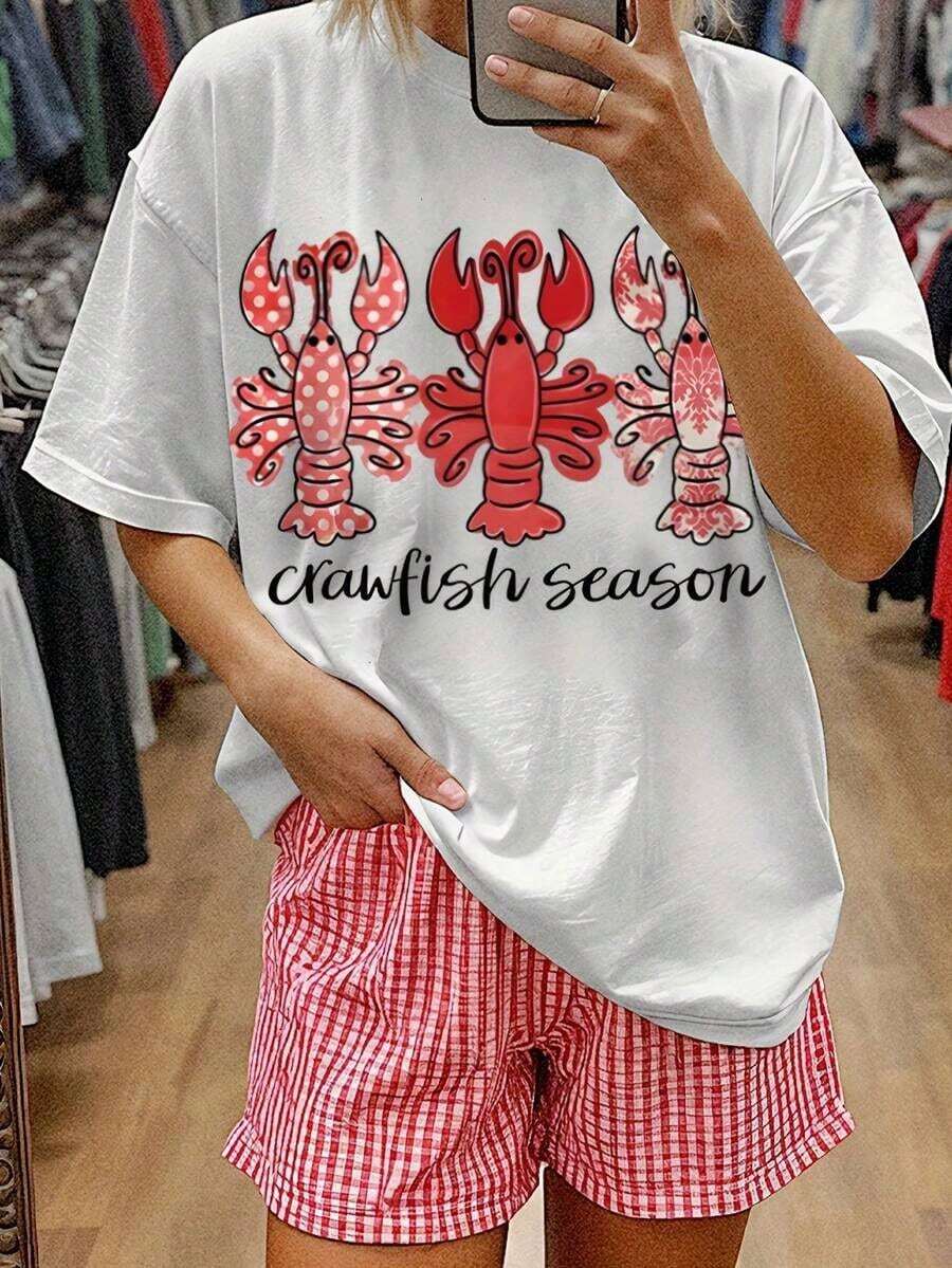 Camiseta Premium 100% con Estampado de Tres Cangrejos de Río, Manga Corta y Cuello Redondo | Estilo casual, tela ligeramente elástica, ideal para conjuntos de primavera/verano/otoño para mujeres, conjuntos de regalo para el Día de la Madre, ropa para la Copa del Mundo, ropa para fiestas de fútbol, ropa para el día del partido, camiseta extragrande unisex de fútbol de EE. UU., conjuntos de verano para mujeres. Ecológico - Blanco - Ver 1