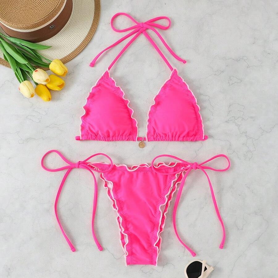 New Style Of Two-Piece Bikini With Halter Neck And Laces, With Push-Up Effect For Women. - 玫紅色 - 查看 1