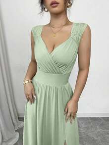 Vestido largo con cuello en V de encaje elegante francés, cintura fruncida y abertura lateral en estilo A, color caqui, adecuado para uso diario, banquetes, bodas, primavera/verano - verde menta - Ver 4