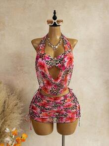 Women's Spring And Summer Beachwear Set, Featuring A Printed Mesh Tank Top With A Deep Neckline And Gold Flower Embellishment, And A Fitted Bodysuit Skirt. Earth-Toned Dress, Scarf, And Slip Dress Set For Vacation. - 多色 3 - 查看 3