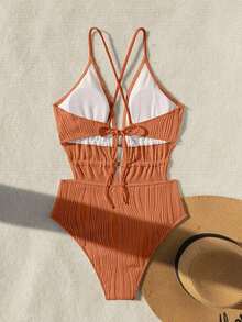 Traje de baño de una pieza con diseño de espalda descubierta, de unicolor, fashionable, para playa de verano, color blanco - Naranja - Ver 5