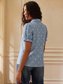 Blusa suelta con bordado elegante y de estilo retro francés, adecuada para mujeres jóvenes en primavera/verano - Celeste - Ver 2