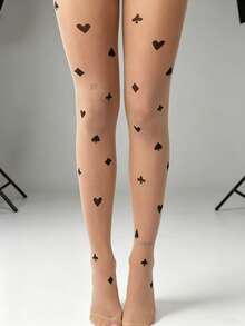 Women's Anti-Snag Transparent Pantyhose With Playing Card Pattern, High Waist Tights Suitable For Party And Daily Wear - Apricot - View 5