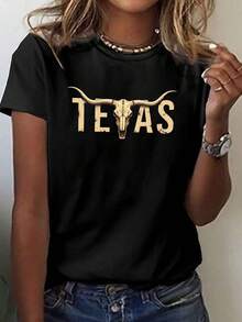 Camiseta de impresión Longhorn TEXAS, top casual de manga corta y cuello redondo para verano y primavera, ropa para mujeres - Negro - Ver 1