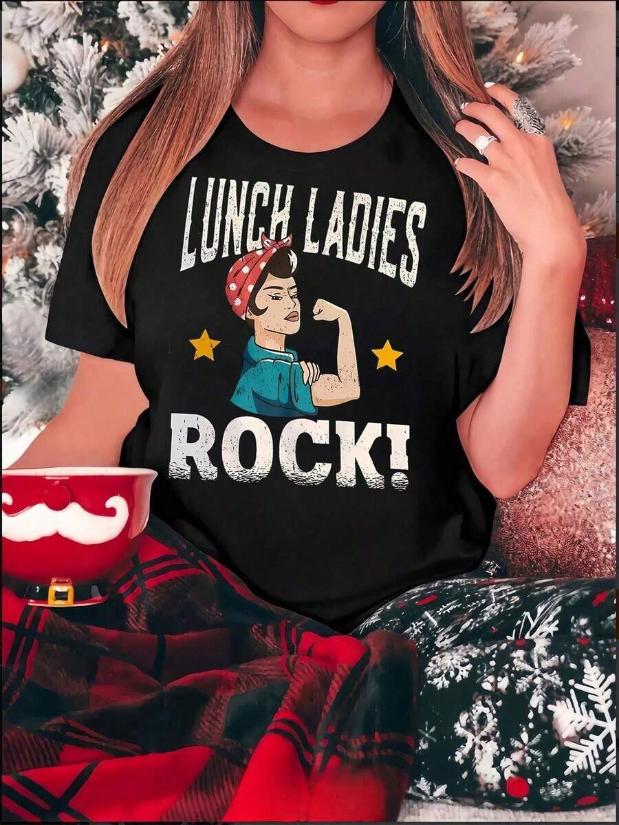 Camiseta de manga corta 1 pieza para mujer, estilo casual, cuello redondo, con estampado gráfico rock para damas, tela de elasticidad media, patrón geométrico, comodidad para todas las estaciones, verano. - Negro - Ver 1