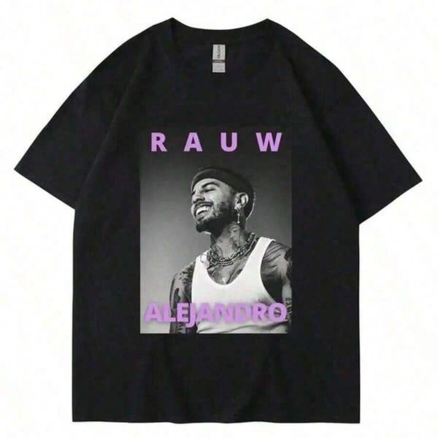 Camiseta unisex de manga corta, Rauw Alejandro Estilo Vintage de los 90, Camiseta de Moda Hip Hop para Hombre y Mujer, Casual, Estilo Urbano, Manga Corta, playeras hombre, spiderman, ,  mujer, romwe men, boho chic, regalos para maestras, camiseta para mujer conjuntos curvy para hombre, y2k - Negro - Ver 1
