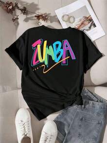 VintageCamiseta estampada de Zumba Dance, 100 % algodón, estampada a doble cara, suave con la piel, corte holgado, básica y versátil para uso diario.Graphic Tee - Negro - Ver 4