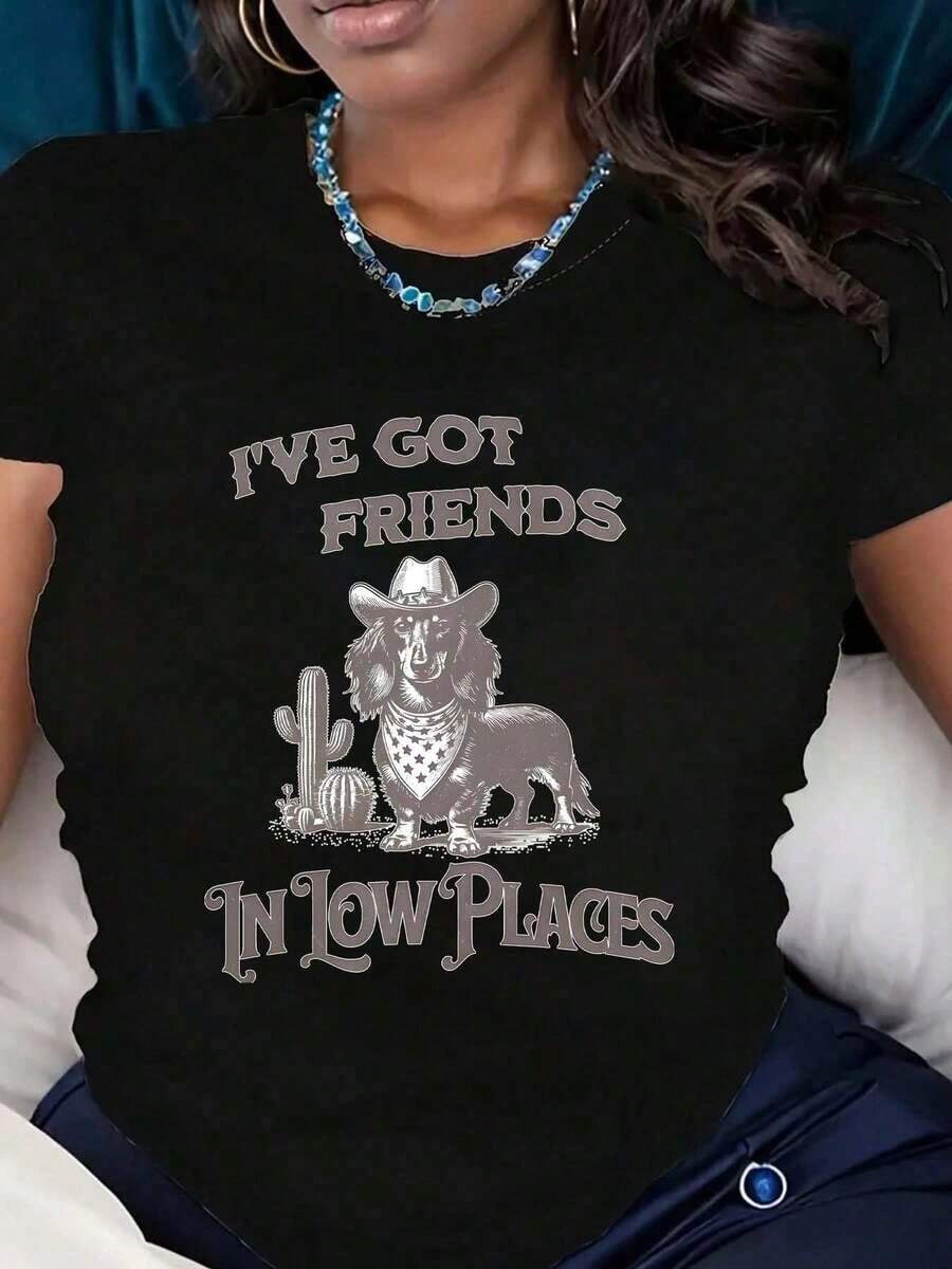 ropa de mujer Camiseta de manga corta para mujer con estampado gráfico de "GOT FRIENDS IN LOW PLACES", diseño de perro, sombrero de vaquero y cactus, ropa casual, tela cómoda, perfecta como regalo, camisas de mujer - Negro - Ver 1