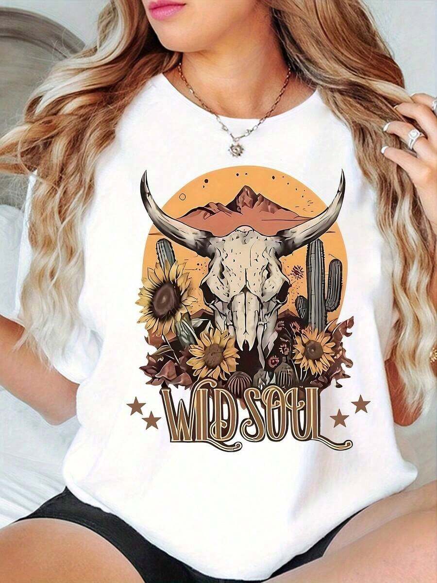 ropa de mujer Camiseta Gráfica de Vaquera Occidental para Mujer - Estampado Retro del Desierto Suroeste con Cráneo de Toro y Cactus - Top Suave de Cuello Redondo a Manos Cortas - MarrónBeigeTurquesaNegraBlanca - Atuendo Casual Diario & Fiesta Temática Western - Lavable en la Maquinaria Confort Todo-Temporada - Tejido Elástico Medio - Sin Relleno - Ajuste Relajado - Vintage al Puro estilo Cowboy 100% Algodón camisas de mujer