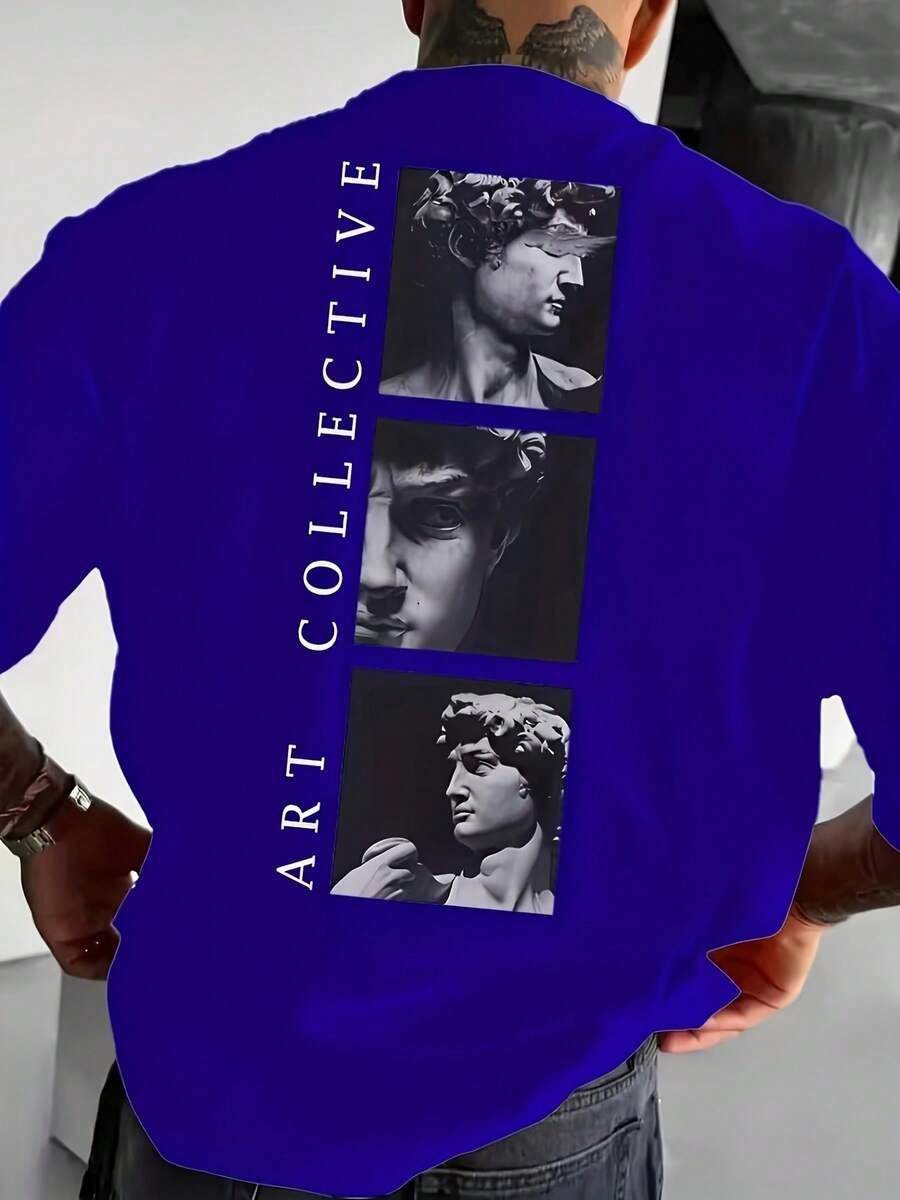 Fashionable Printed T-Shirt For Men - 藍色 - 查看 1