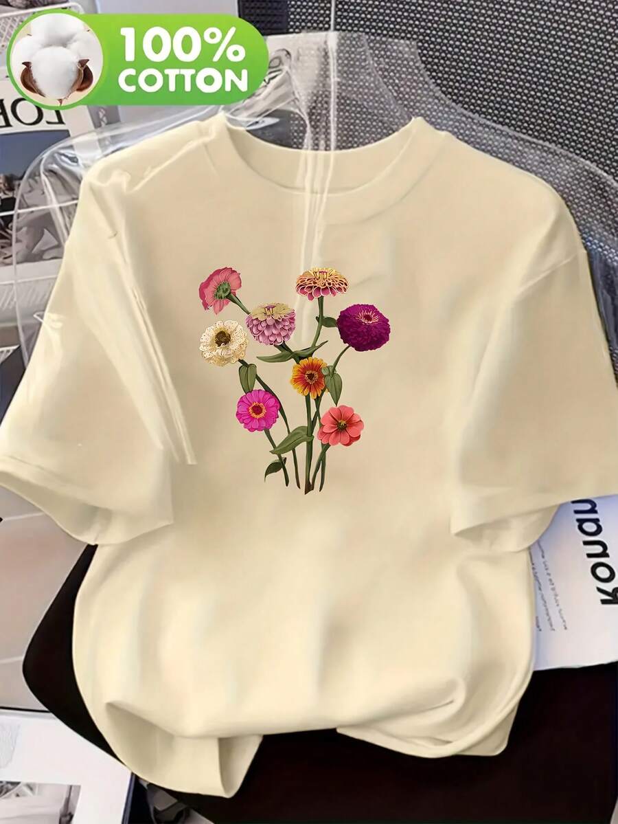 Camiseta de casa cómoda de manga corta y cuello redondo con estampado de margaritas para mujer, talla grande 100%. - Albaricoque - Ver 1