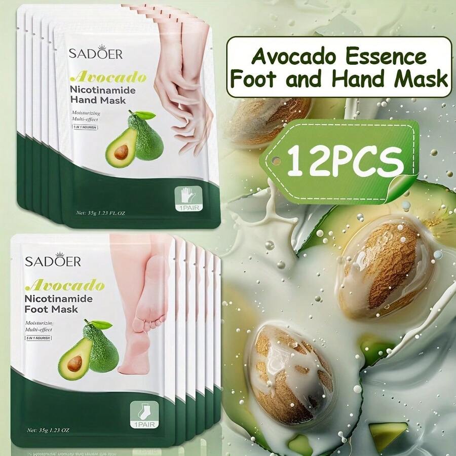 12pcs Avocado Extract Hand & Foot Care Mask, Formulated With Plant Extracts, Lightweight Texture, Rapid Absorption - 12 Pieces - View 1