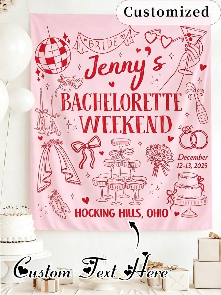 Customized Personalized Bridesmaid Party Backdrop, Printable Name And Date Tapestry, Customizable Pink Party Banner Suitable For Wedding Party And Bridesmaid Party