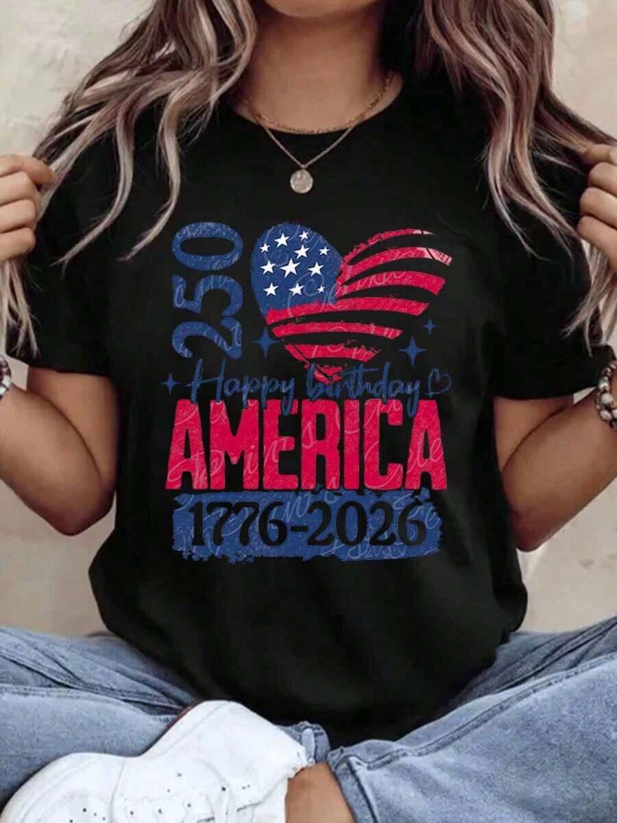 Independence Day Celebration T-Shirt "250 Happy Birthday America 1776 2026" With Patriotic US Flag And Heart Design, Unisex For Men And Women, Casual 4th Of July Party Wear, 220g - 黑色 - 查看 1