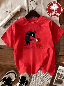 Ropa de mujer europea y americana, 100 % pura, disponible en seis colores: blanco / / gris floral / albaricoque / rosa / rojo. Camiseta de manga corta con estampado del cuento de hadas de Caperucita Roja y el Lobo Feroz, estilo casual vintage americano, ajuste holgado para un efecto, adecuada para - [Rojo] - Ver 6