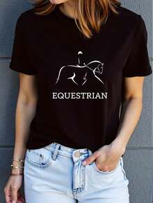 Camiseta de Mujer con Estampado Gráfico de Equitación |   Camiseta Casual de Manga Corta y Cuello Redondo para Mujer, Primavera-Verano, para Uso Diario, Ocio, Regalo de Vacaciones, Tops para Salir - Negro - Ver 7