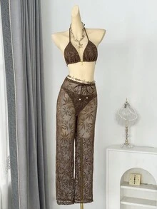 Traje de Baño de Tres Piezas con Estampado de Hojas y Pantalones Largos de Tela Compuesta, Nuevo 2026 - 9392 hojas son de color marrón claro. - Ver 7