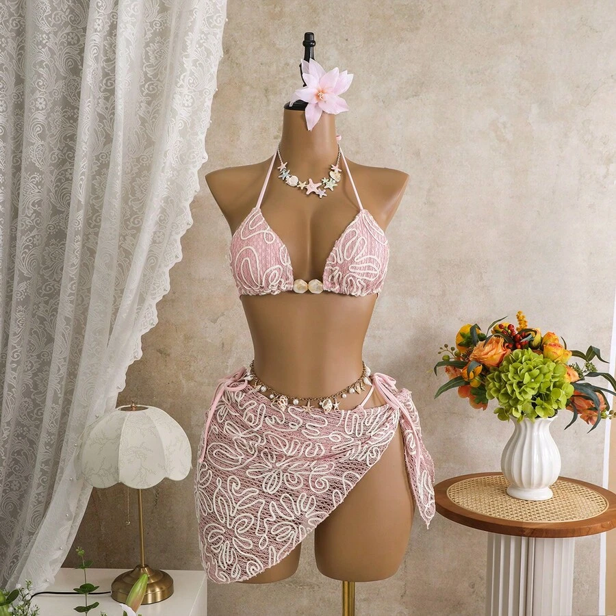 Conjunto de Bikini de Tres Piezas para Mujer, Sexy, para Vacaciones en la Isla, Traje de Baño para Playa y Spa, 2026 - z26067 Rosa - Ver 1