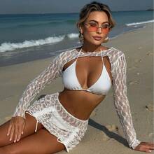 Bikini Sexy de 4 Piezas para Mujer, Set de Playa en Malla, Color Sólido – Traje de Baño - Blanco - Ver 3