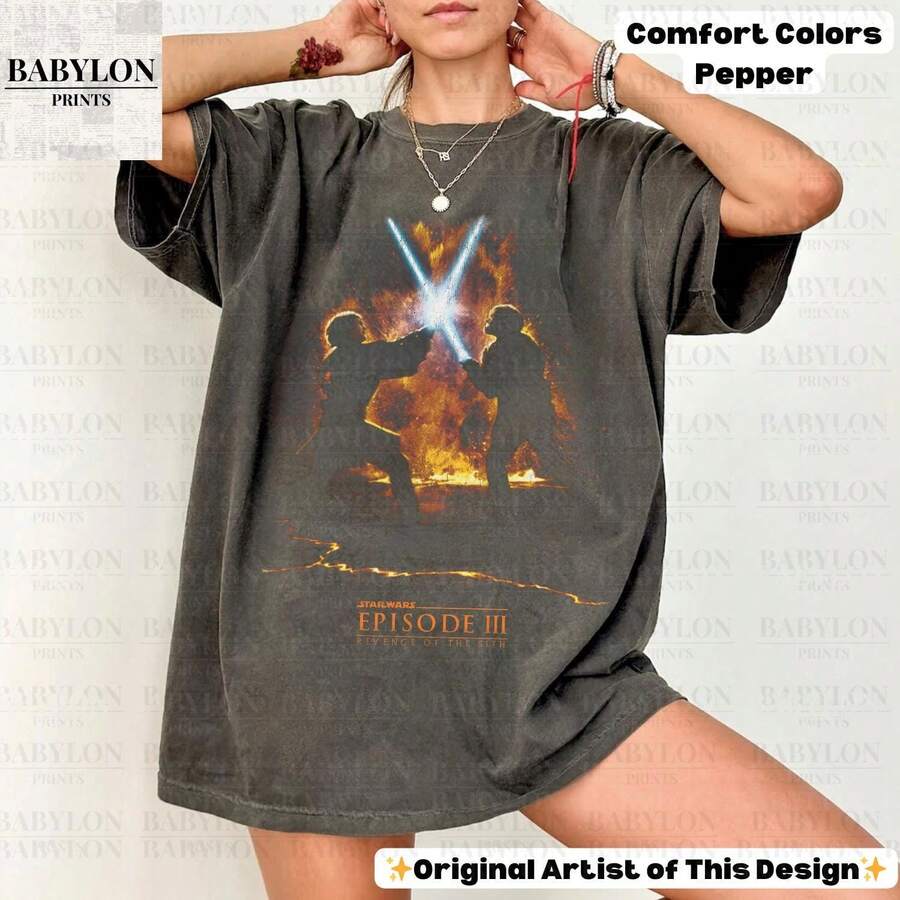 Vintage Revenge Of The Sith Duel T Shirt Obi Wan Kenobi Shirt Jedi Tee Retro Mustafar Revenge - 黑色 - 查看 1