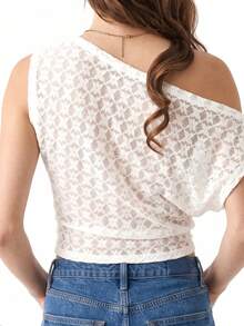 Women Sheer Off Shoulder Tops Slim Fit Flower Pattern Sleeveless Crop Shirts For Summer Going Out Party Club - White - View 7