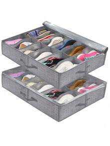 1pc 12-Grid Foldable Fabric Shoe Box With Transparent Cover And Dual Handles - Non-Woven Material Under Bed Shoe Storage Box, Stackable To Save Space, Suitable For Sneakers, High Heels, Socks, Closet, Dorm And Bedroom - Dark Grey - View 7