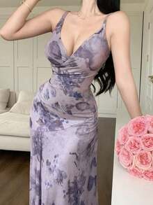 Vestido de verano elegante con estampado floral sin mangas para mujer - Morado - Ver 3
