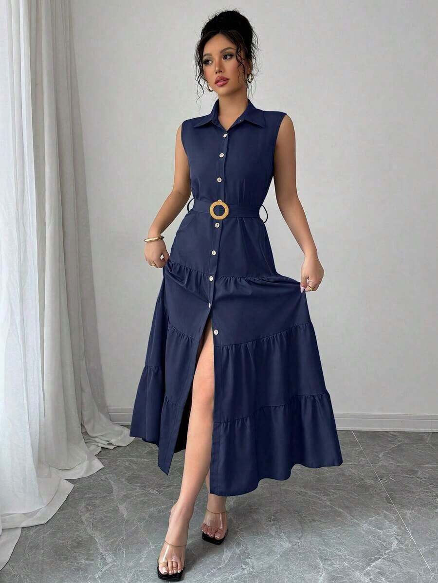 Women's Single-Breasted Sleeveless Shirt Dress With Ruffled Hem In Solid Color - Lake Blue - View 1